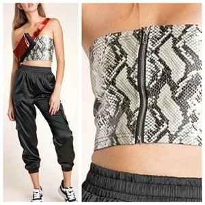 Waisted Snake Skin Faux Leather Black & Grey Zip Up Tube Crop Top